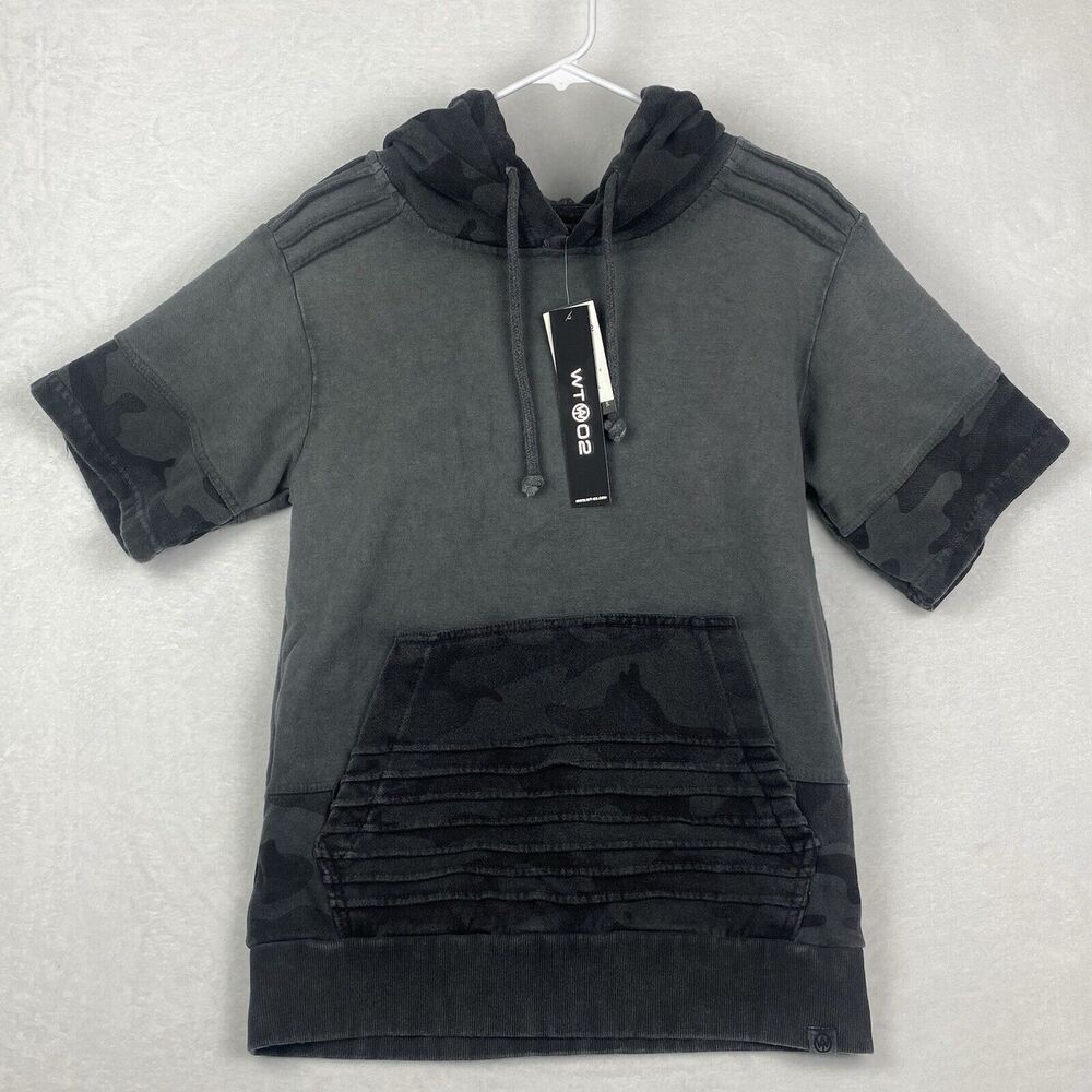 WT02 Hoodie Mens Small Black Gray Camo Short Sleeve Pockets Pullover Casual
